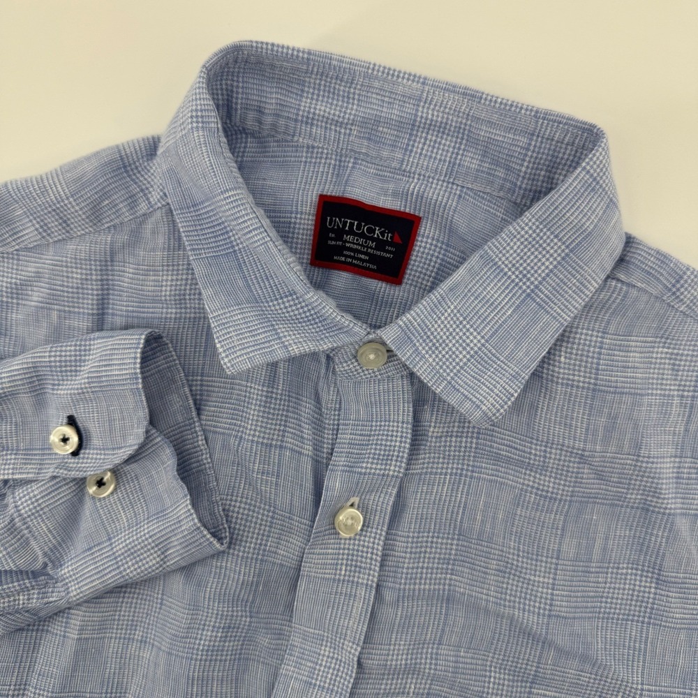 UNTUCKit Button Down Shirt Mens Medium Blue Linen Torontel WR Slim Glen Plaid